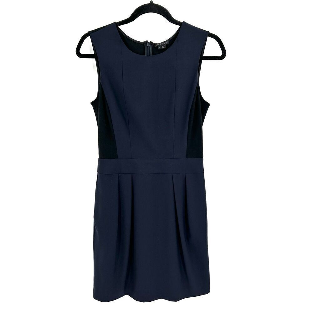 THEORY Navy Blue Black Wool Pleated Sleeveless Office Sheath Dress Size 2